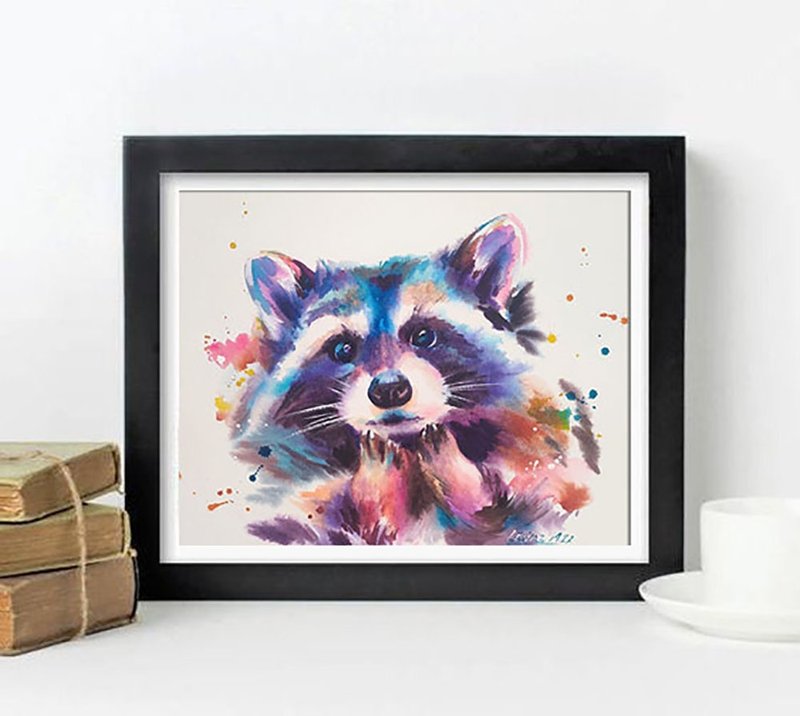 Raccoon Watercolor Painting Colorful Animal Art Raccoon Illustration Original - 壁貼/牆壁裝飾 - 紙 多色