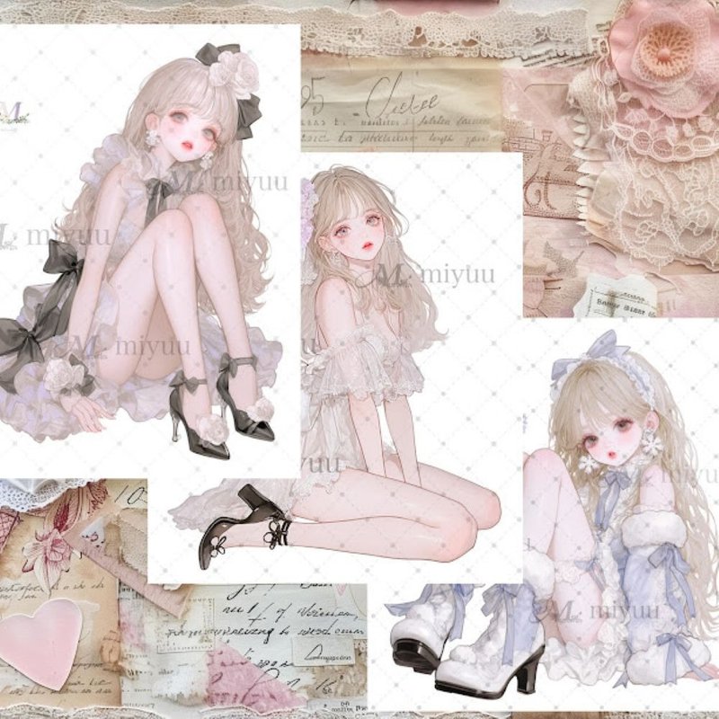 ステッカー original sticker  人物ステッカー オリジナルステッカー 女の子ステッカー 装飾ステッカー かわいい - 貼紙 - 紙 藍色