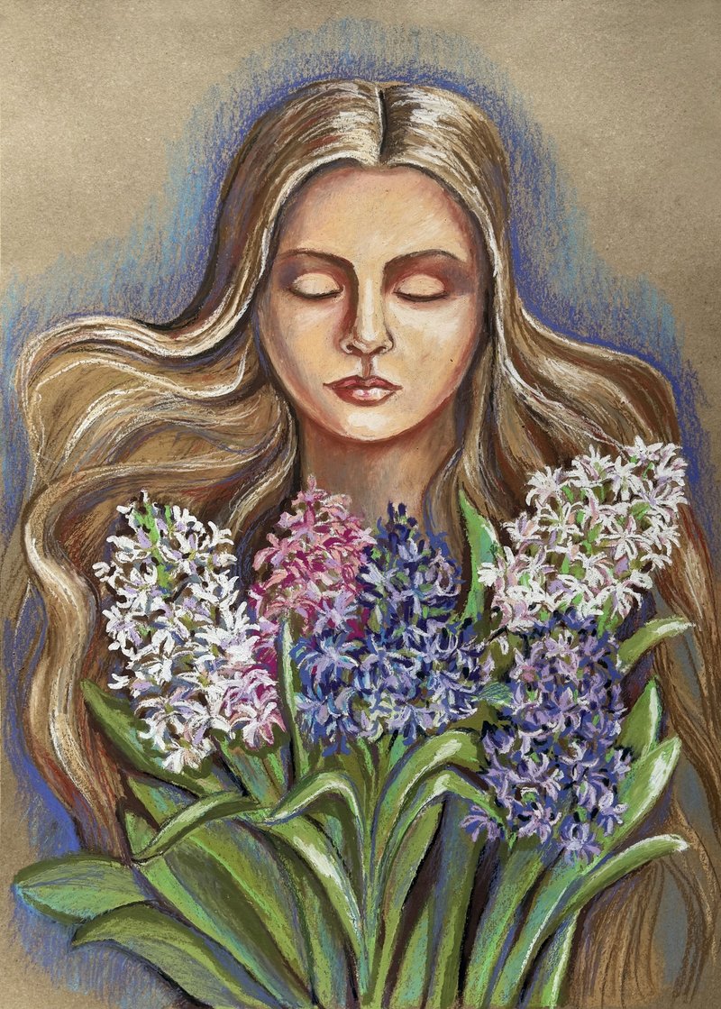 Portrait girl gihyacinths bouquet oil pastel drawing panting Bouquet of spring - 壁貼/牆壁裝飾 - 紙 紫色