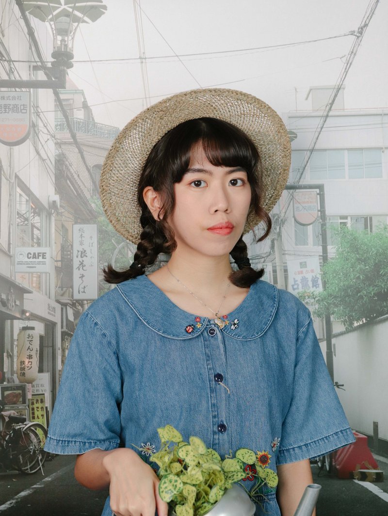 Tsubasa.Y│vintage embroidered denim dress B20 ladybug floral short-sleeved vintage dress one-piece dress - ชุดเดรส - ผ้าฝ้าย/ผ้าลินิน สีน้ำเงิน