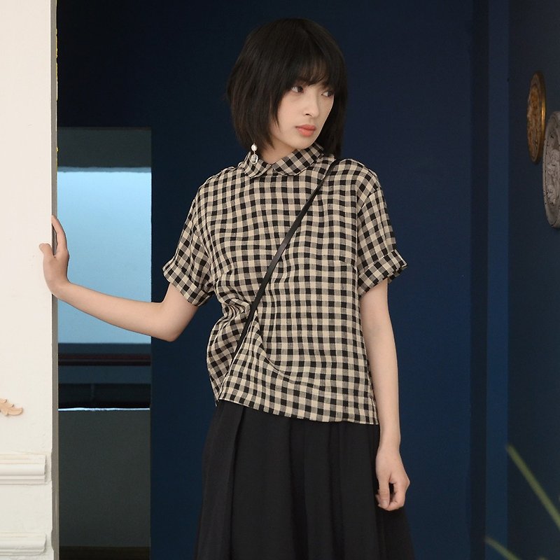 Small Round Neck Plaid Shirt | Shirt | Nettle | Independent Brand |Sora-120 - เสื้อเชิ้ตผู้หญิง - ผ้าฝ้าย/ผ้าลินิน 
