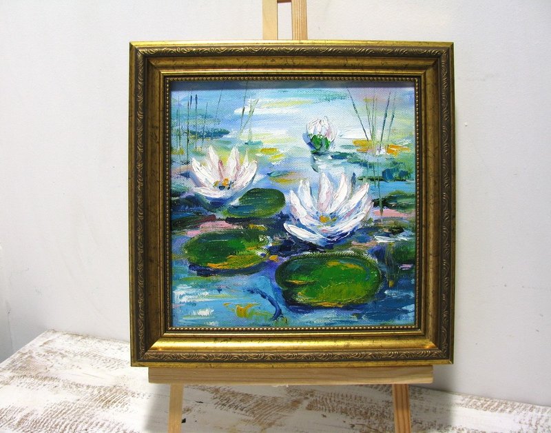 Waterlily Pond Original Oil Painting Small Size Stretched Canvas - ตกแต่งผนัง - วัสดุอื่นๆ หลากหลายสี