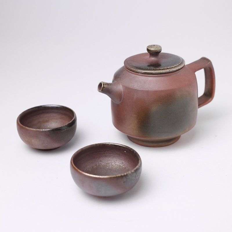明芽窯 | 柴燒紫金後手壺 紫紅 金 一壺兩杯 蒐藏 茶壺 茶杯 H11 - 茶壺/茶杯/茶具 - 陶 紅色
