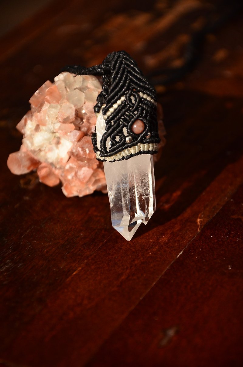 Pencil stone Crystal Quartz Macrame Pendant - Necklaces - Gemstone Black