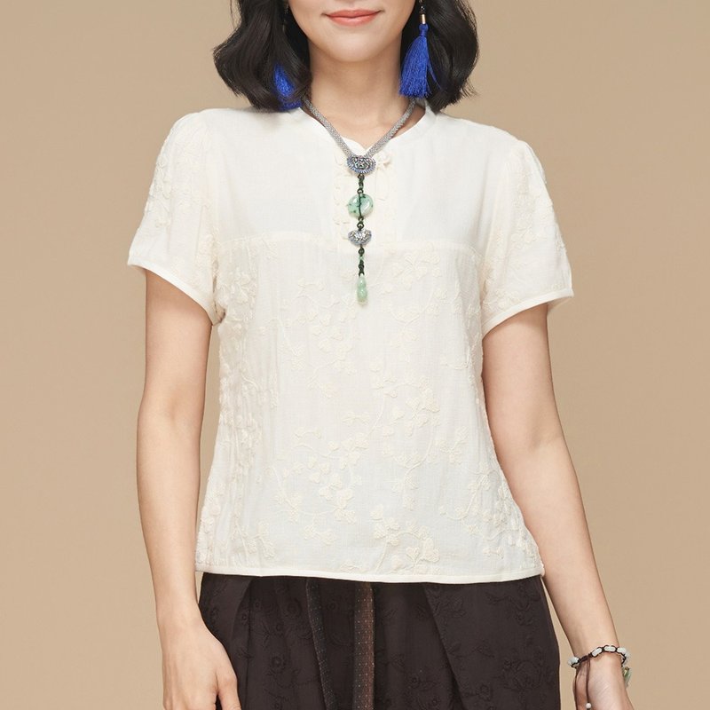 古典美 刺繡荷葉短上衣【53009】 - 女上衣/長袖上衣 - 棉．麻 白色