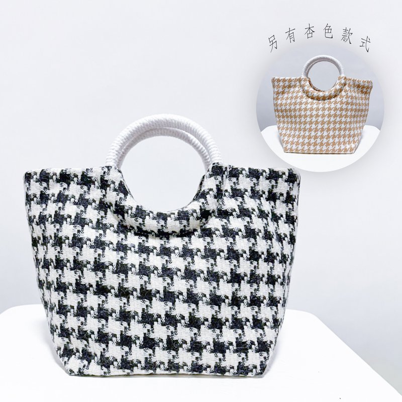 Sister Bao Zhu handmade // Round handle lunch box bag (black houndstooth style) - Handbags & Totes - Cotton & Hemp Black