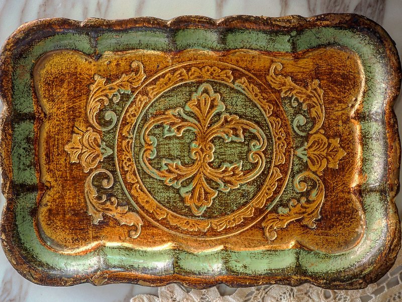 Italian early carved lakes green hand-painted tray (JS)