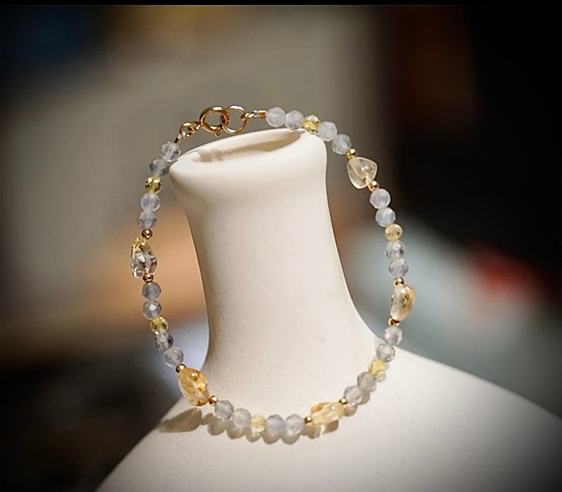 C&W 14k gold natural diamond faceted gray moonlight citrine simple elegant bracelet - สร้อยข้อมือ - หยก สีทอง