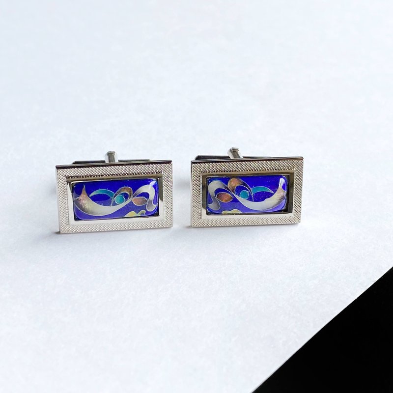 リボン極小 【サファイア Sapphire】七宝焼のカフスボタン カフリンクス  純銀胎七宝 - 袖扣 - 其他材質 藍色