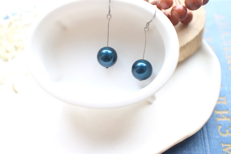 藍果子-不鏽鋼 施華洛珍珠耳環-可改夾 - 耳環/耳夾 - 不鏽鋼 藍色