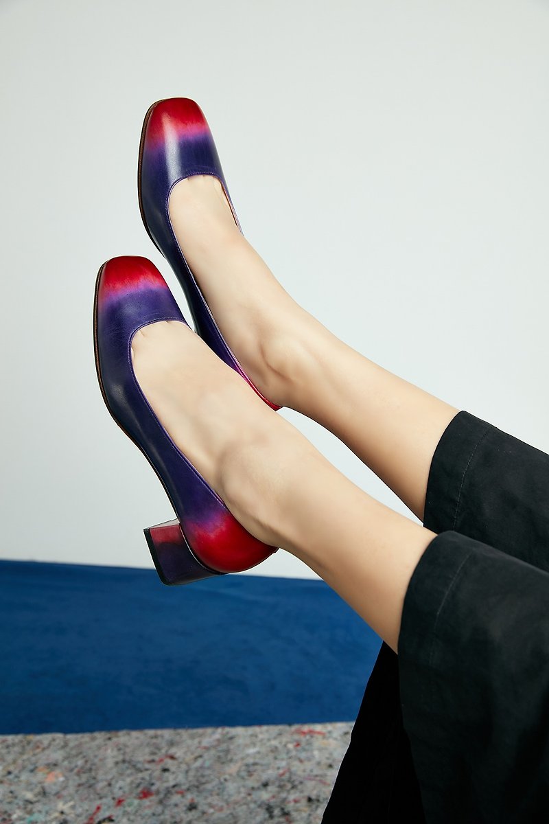 HTHREE Classic Square Heel Shoes / Red Purple / Gradient / Orion / Square Toe Heels - รองเท้าลำลองผู้หญิง - หนังแท้ สีม่วง