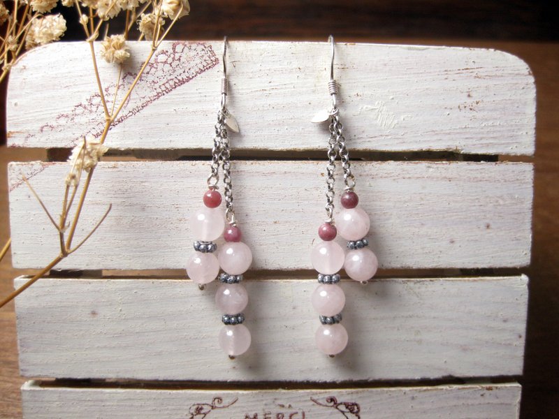 Christmas gift box | Sterling silver design earrings rose Stone+ pink crystal + 925 Silver(ear hook) - ต่างหู - คริสตัล สึชมพู