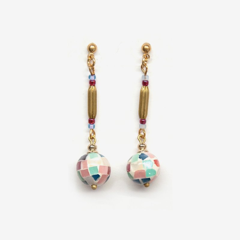 Mosaic Shell Ball Earrings - Blue&Pink, Post Earrings, Clip on Earrings - ต่างหู - เครื่องเพชรพลอย สีน้ำเงิน