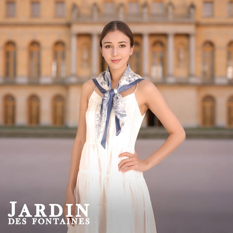 凡爾賽茹伊灰藍色 大方巾絲巾90厘米 Jardin Des Fontaines - 絲巾 - 聚酯纖維 藍色