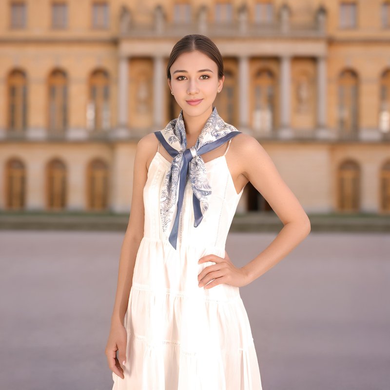 凡爾賽茹伊灰藍色 大方巾絲巾90厘米 Jardin Des Fontaines - 絲巾 - 聚酯纖維 藍色