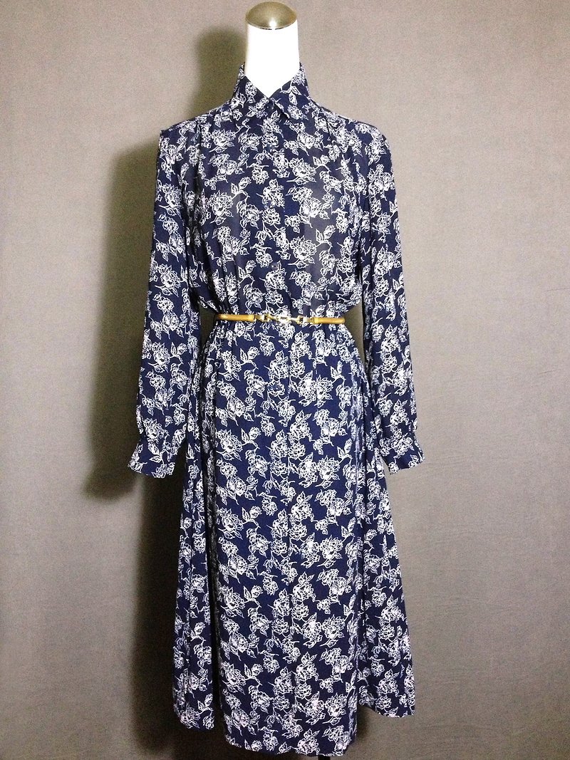 聚酯纖維 洋裝/連身裙 藍色 - 時候古著 [ 古董洋裝/ 日本製花卉線條深藍古董洋裝 ] 國外帶回 古著長洋裝 VINTAGE