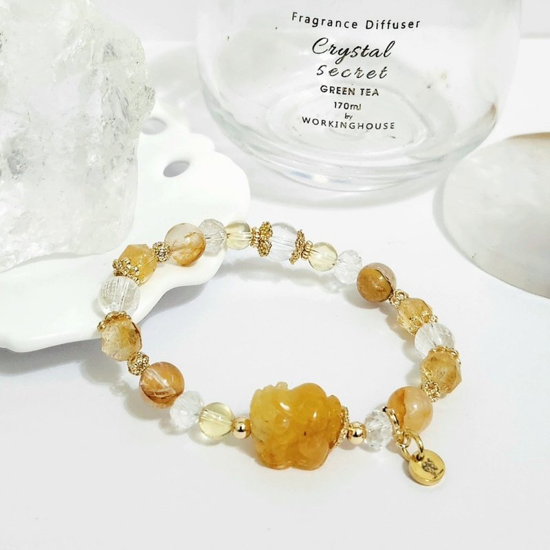 黃膠花貔貅+白水晶黃財神聚財咒設計手鍊/強力招財、平衡情緒 - 手鍊/手環 - 水晶 黃色