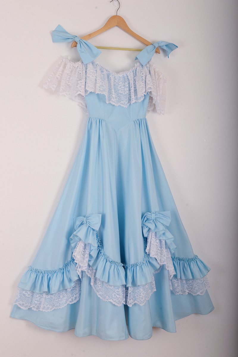Fairy Water Blue Bow Ribbon Drape Skirt Lace Rococo Gown - ชุดเดรส - วัสดุอื่นๆ 