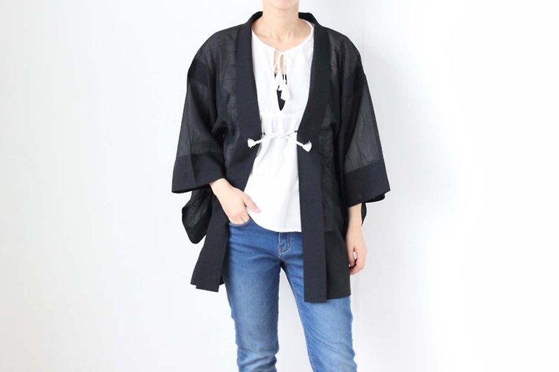 聚酯纖維 女大衣/外套 黑色 - summer kimono, EXCELLENT VINTAGE, open front jacket, Japanese haori /3895