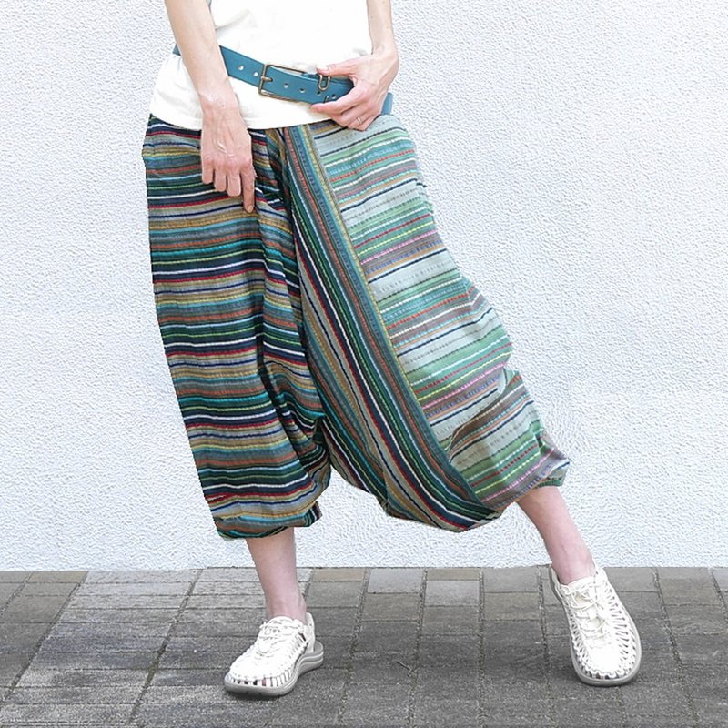 Striped switching, loose and cute silhouette with full hems, sarouel pants, green x Teal, d-tp514 - กางเกงขายาว - ผ้าฝ้าย/ผ้าลินิน หลากหลายสี