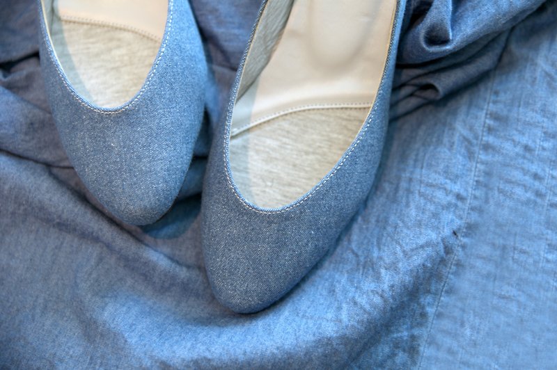 棉．麻 涼鞋 藍色 - WL Denim 低跟(淺藍) Heeled Sandals