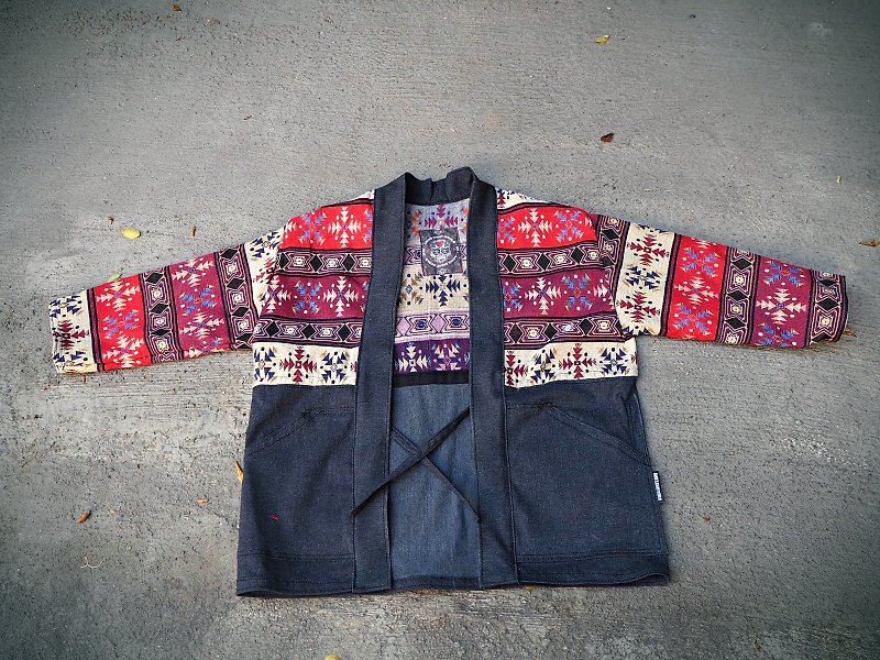 AMIN'S SHINY WORLD Handmade Custom National Totem Splicing Black Denim Smock Jacket - Men's Coats & Jackets - Cotton & Hemp Multicolor