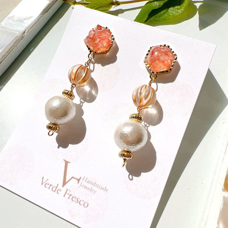 Natural rose quartz and cotton pearl earrings_allergy-friendly_0054 - 耳環/耳夾/耳骨夾 - 半寶石 粉紅色