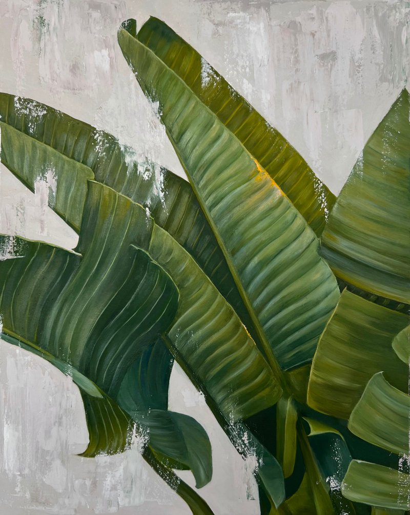 Tropical Plants Green Leaves Strelitzia Original Oil Painting on Canvas 40x50 cm - 壁貼/牆壁裝飾 - 棉．麻 綠色