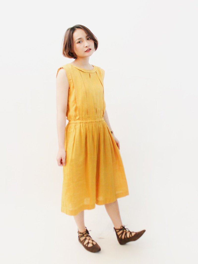 Retro summer, elegant and simple, ginger, sleeveless cotton, vintage dress - ชุดเดรส - ผ้าฝ้าย/ผ้าลินิน สีเหลือง