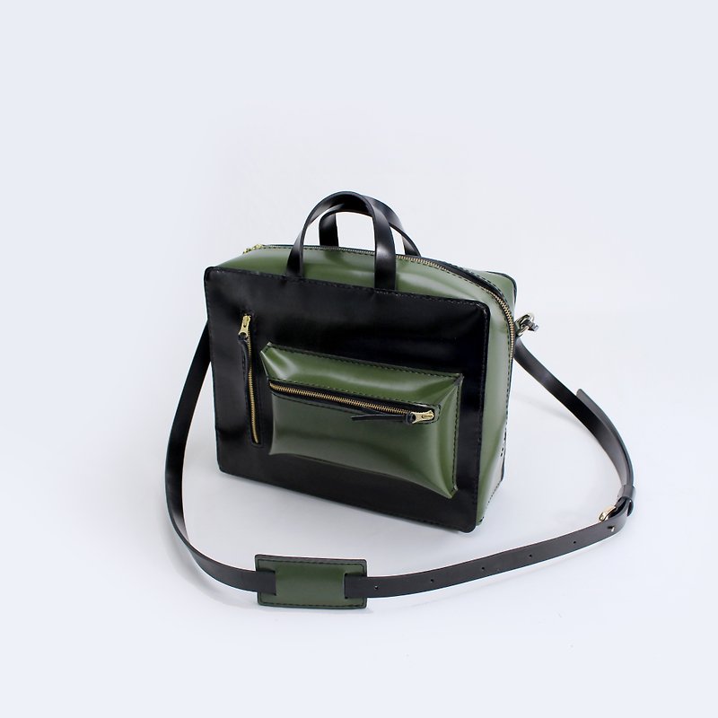 Tanela leather hand carry brief case in 2 color tone - Messenger Bags & Sling Bags - Genuine Leather Green