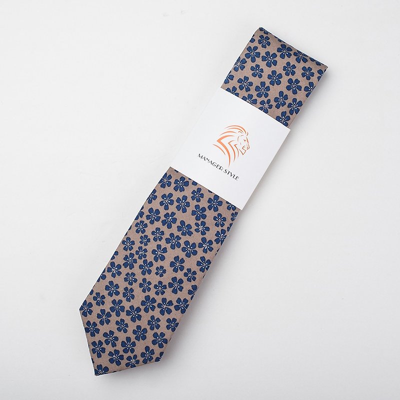 棉．麻 領帶/領帶夾 卡其色 - 襯衣的犒賞 純棉系列-米藍花瓣 C0615-84