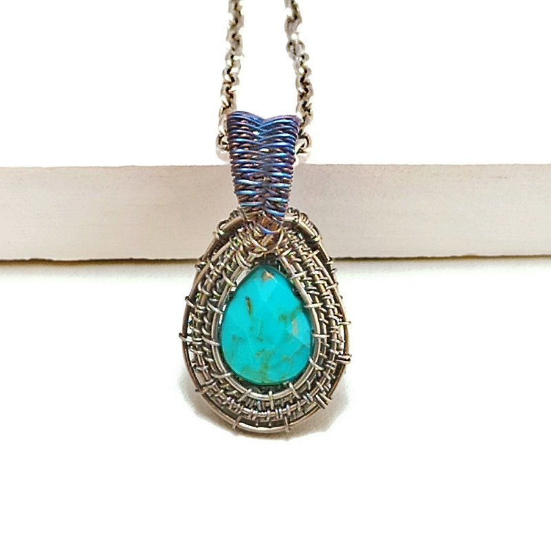 Turquoise pendant necklace with titanium wire wrapping metal allergy friendly - Necklaces - Semi-Precious Stones Green