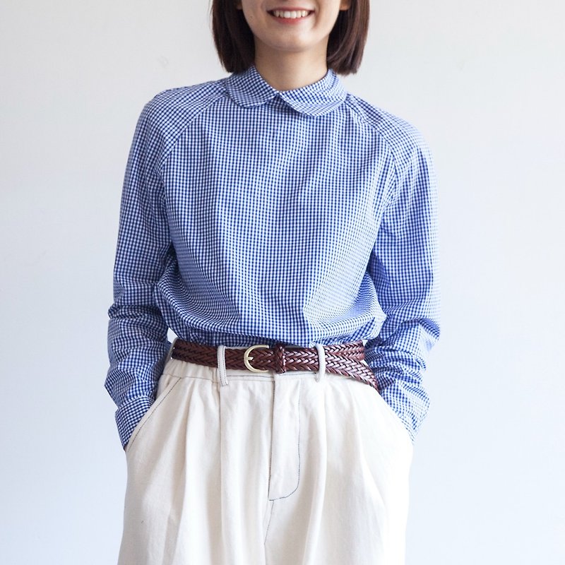 Hewu and things original design Japanese retro raglan doll collar blue and white plaid shirt with cotton inside