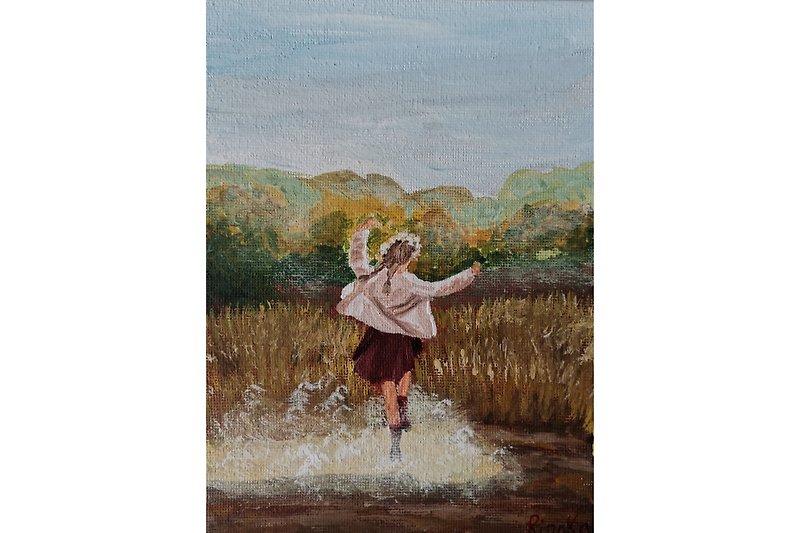 Girl On The Field Original Acrylic  Art Small Format Hand Painted By RinaArtSK - Wall Décor - Other Materials Khaki