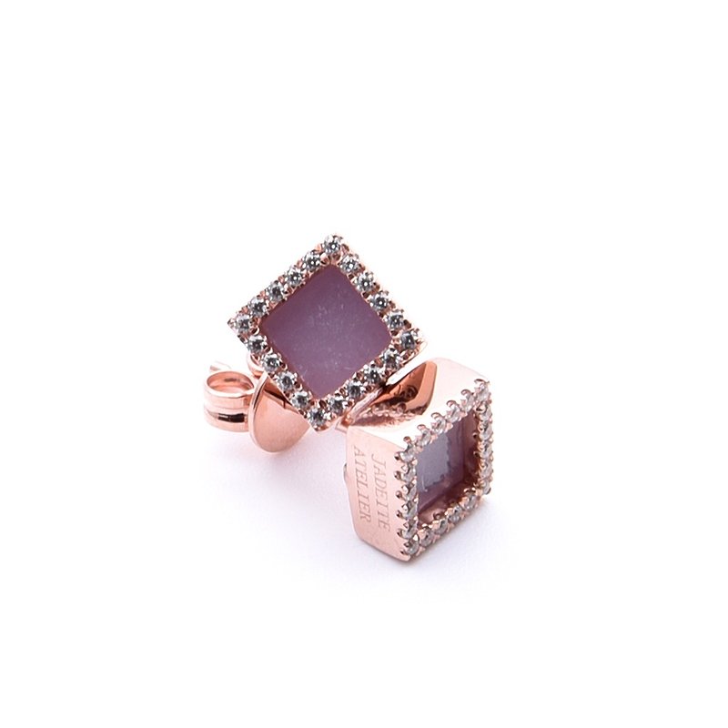 紫玉耳環 方形 - 天然翡翠 - 保證A玉 - 耳環/耳夾 - 玉石 粉紅色