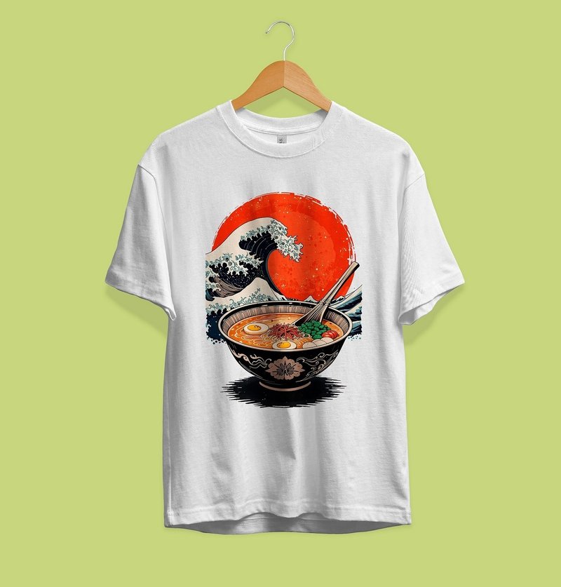 Japanese Ramen and the Great Wave off Kanagawa 100% Cotton Unisex T-Shirt - 男襯衫/休閒襯衫 - 棉．麻 多色