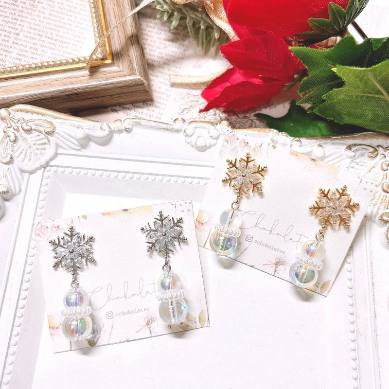 Stone Snowflake x Symphony Snowman Earrings 925/14KGF Earrings Winter - ต่างหู - เรซิน สีใส