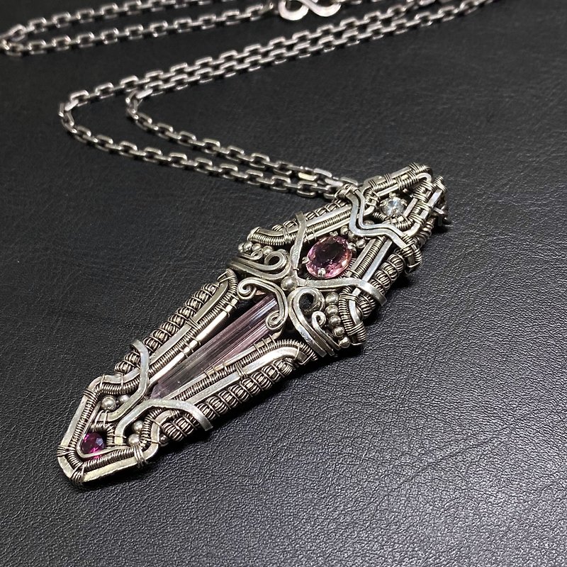 Ed Tower Shield Necklace Tourmaline Raw Silver Wire Braided Silver Jewelry Metal Braided - Necklaces - Gemstone Pink