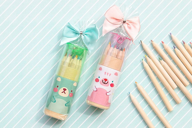 (with packaging) cute mini bear 12 color pencils (mini portable tube) drawing reward children's day - ดินสอ - วัสดุอื่นๆ สึชมพู