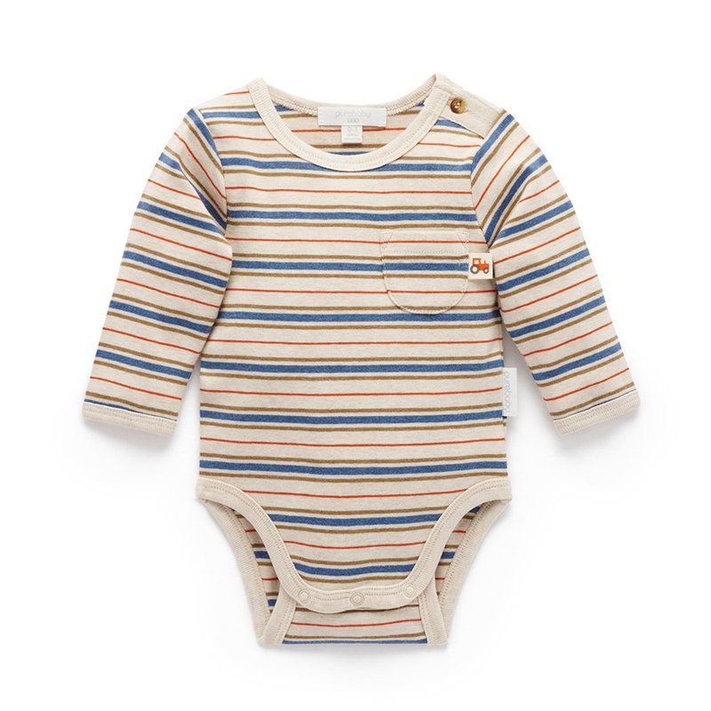 澳洲Purebaby有機棉嬰兒包屁衣/新生兒 連身衣 橘藍褐條紋 - 嬰兒連身衣/包被/包巾 - 棉．麻 