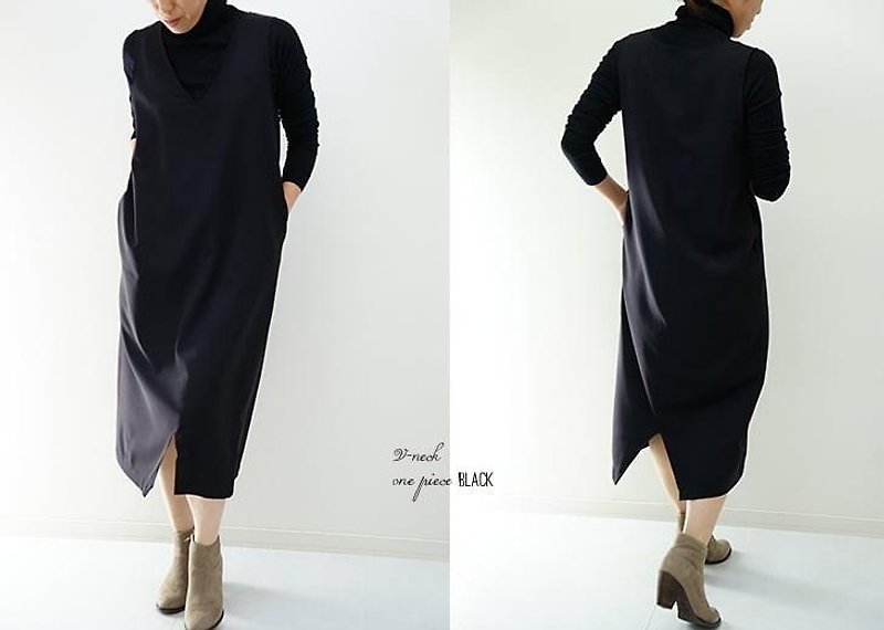 wool（ウール）Ｖネック＆裾Ｖ　ワンピース・裏地/ブラック a28-22 - One Piece Dresses - Cotton & Hemp Black