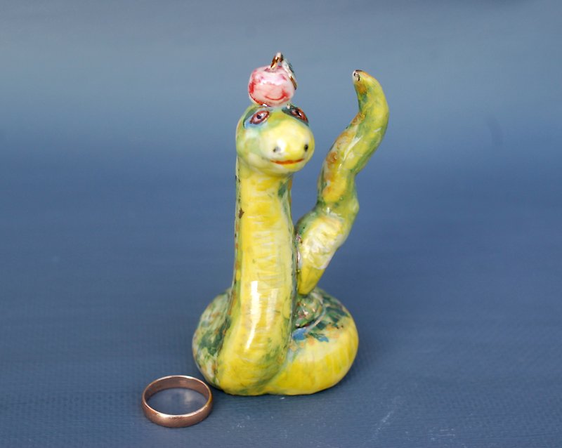 Porcelain Items for Display Green - Snake Adam and Eve Funny figurine Ceramic Ring Holder Snake and apple figurine