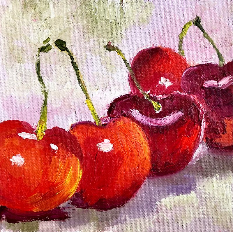 Cherry painting, Red berry hand painted, Fruit Still Life, Small oil painting - โปสเตอร์ - ผ้าฝ้าย/ผ้าลินิน 