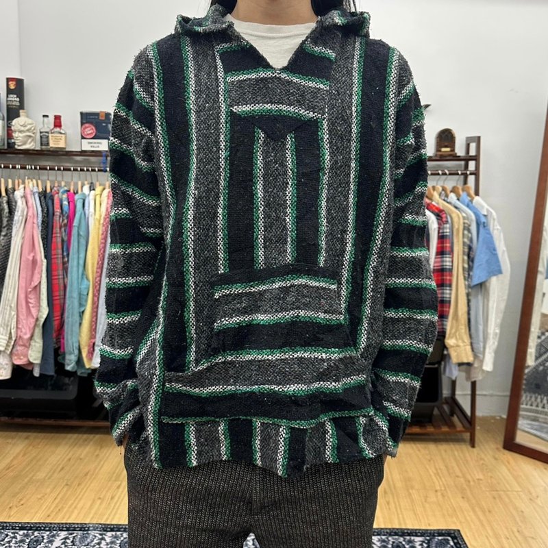 baja hoodie 墨西哥帽tee 直條紋 墨西哥製 古著 二手 灰色 綠色 - 帽T/大學T - 棉．麻 綠色