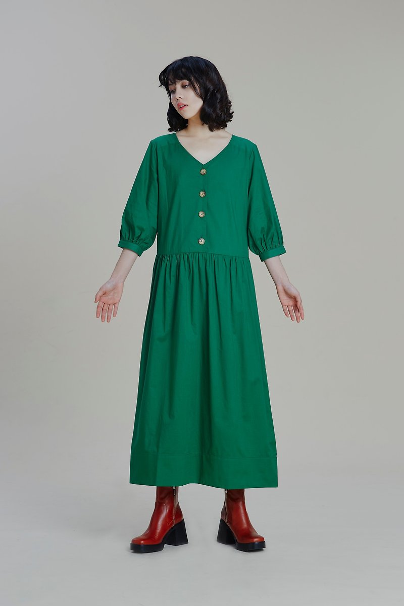 Shan Yong 綠色五分泡泡袖長版洋裝 - 洋裝/連身裙 - 棉．麻 