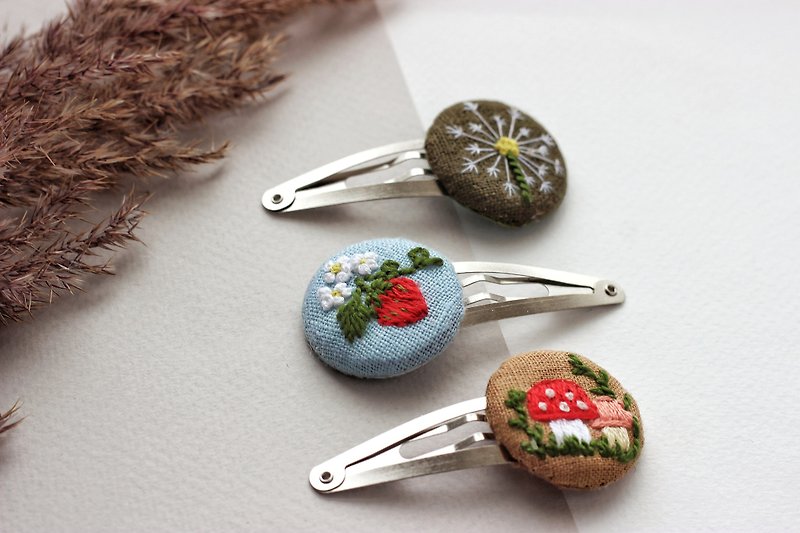 Embroidered clip, Mushroom hair clip, strawberry snap clip, toadstool clips