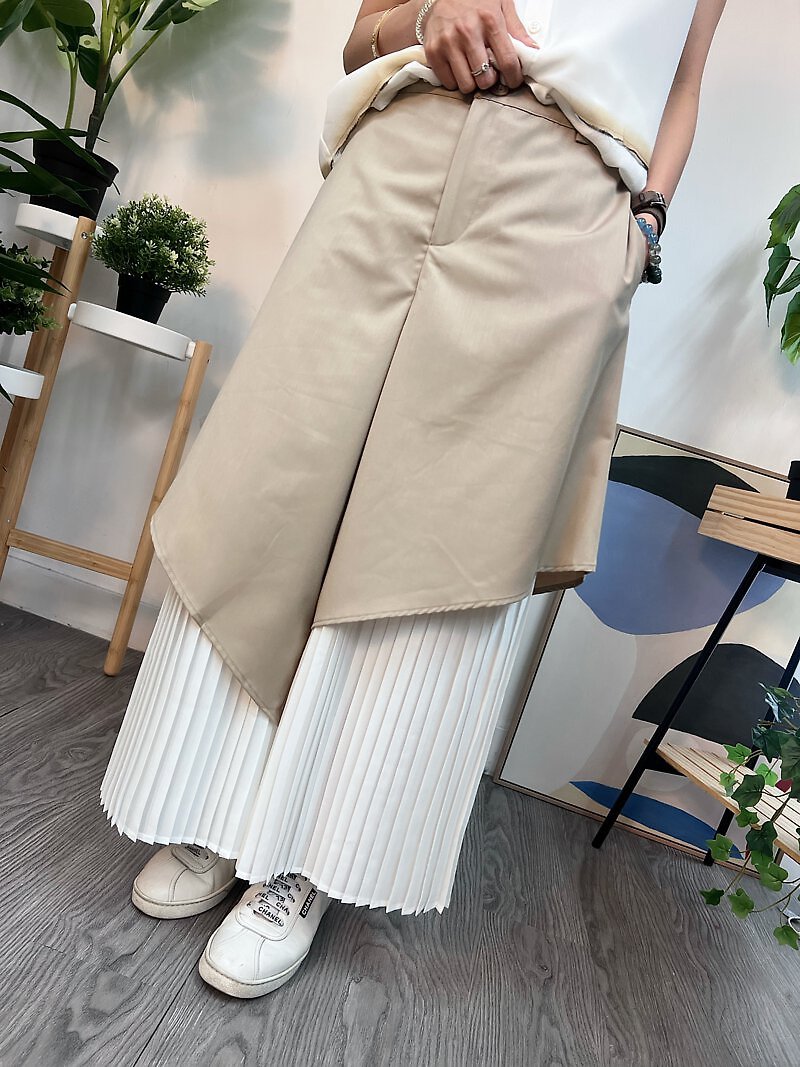 Pleated Chiffon Layer Wide Pants - Beige - Women's Pants - Cotton & Hemp Brown