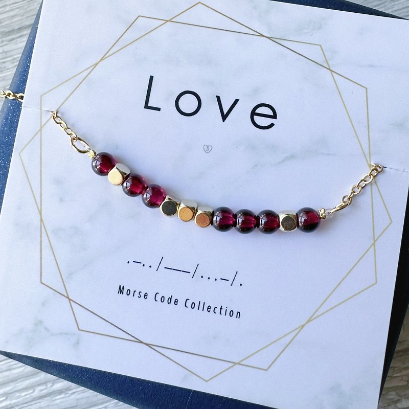 【Natural Stone Series】Morse Code. Love. like. Purple tooth black Stone. beaded gold-plated bracelet - Bracelets - Other Materials Red