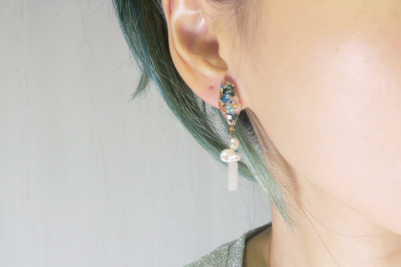 OUD Original-Handmade-14K gf-Natural Pearls-White Jade Dangle Earring/Clip-on