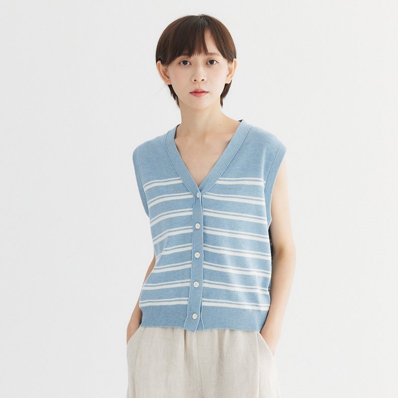 [Simply Yours] Temperament V-neck horizontal stripe cardigan vest blue F - Women's Vests - Cotton & Hemp Blue